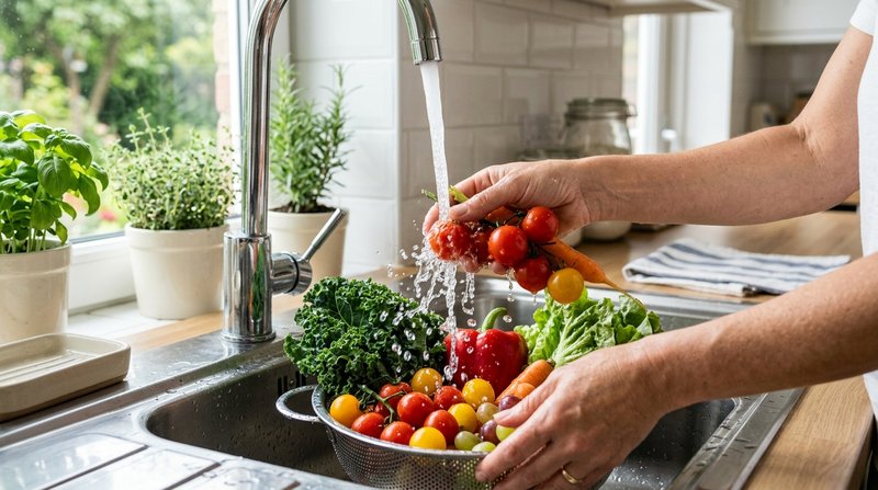 Unas manos lavando frutas y verduras frescas bajo el chorro de agua en el fregadero de una cocina luminosa y limpia, got