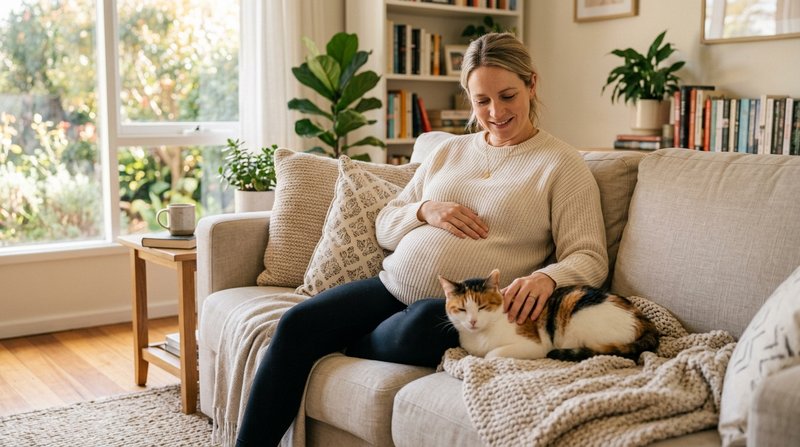 Una mujer embarazada sentada con serenidad en un sofa claro mientras acaricia a su gato tranquilo a su lado, ambiente ho