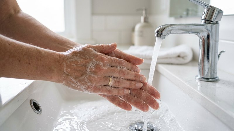 Un primer plano de unas manos enjabonandose bajo el agua en el lavabo de un baño limpio y luminoso, gesto de higiene cot