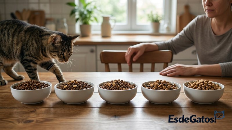 Una transición gradual de pienso para gato representada en una mesa: varios cuencos