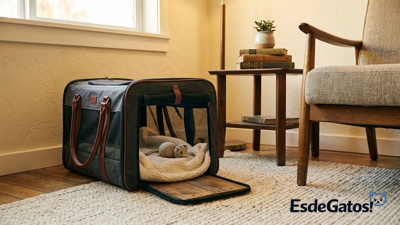 Un transportín abierto colocado como un mueble más en un rincón tranquilo del salón de una casa