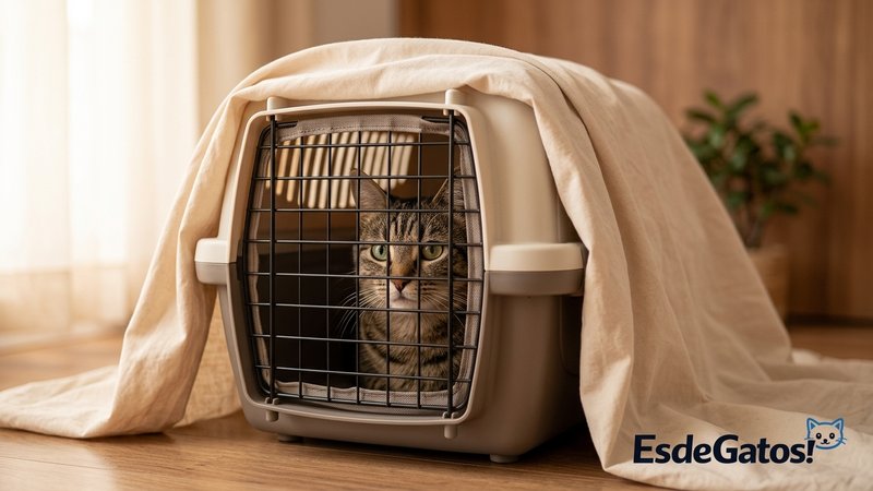 Un transportín cubierto con una sábana ligera, con un gato tranquilo asomando por la puerta de rejilla