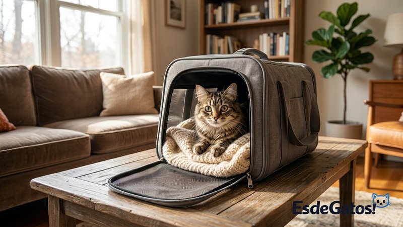 Un transportín con una mantita mullida dentro y un gato asomándose con curiosidad, en el salón