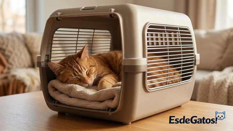 Un transportín rígido con amplias rejillas laterales de ventilación y un gato cómodo dentro