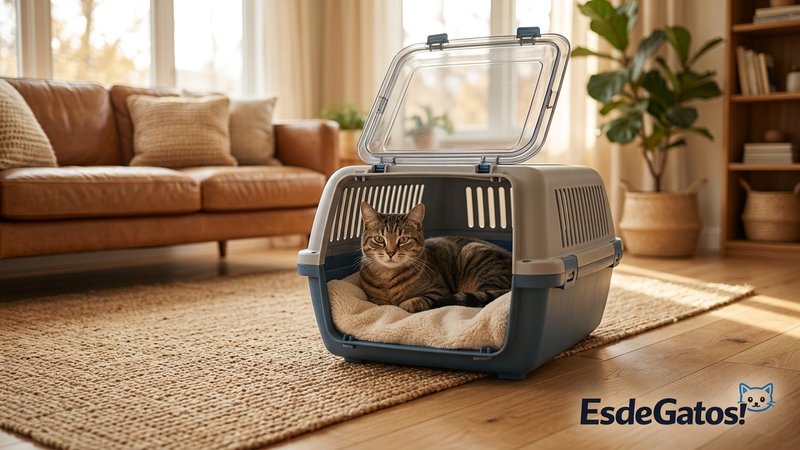 Un transportín rígido con la tapa superior abierta y un gato tranquilo dentro, en el salón