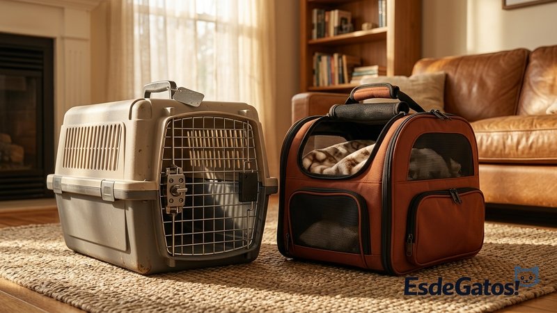 Un transportín rígido y un transportín blando colocados uno al lado del otro en el salón de una casa