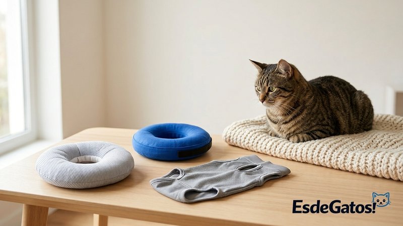 Tres alternativas al collar isabelino clásico colocadas sobre una cama o mesa limpia: