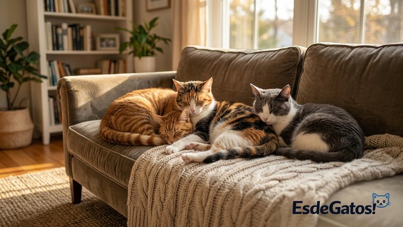 Tres gatos juntos y tranquilos en el salón de una casa, descansando cerca unos de otros