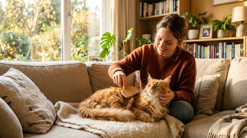 Una persona cepillando con cariño a un gato de pelo largo con un cepillo, en el sofá de un salón luminoso, luz dorada de