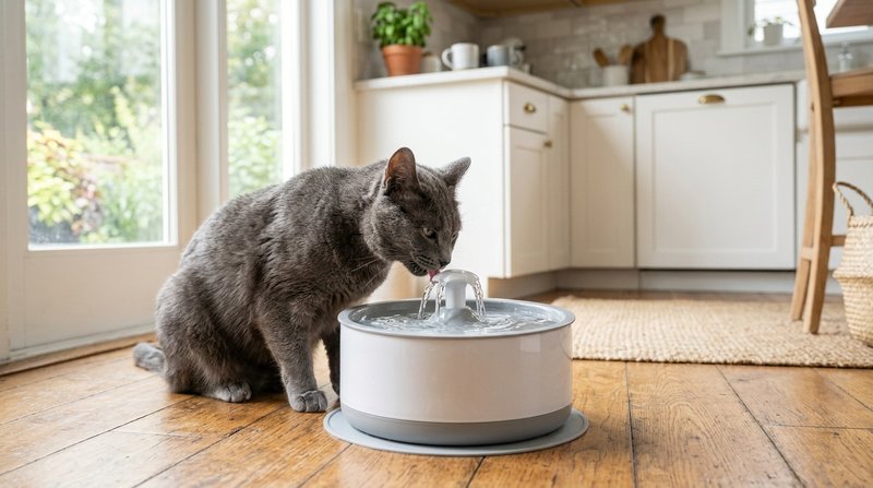 Un gato gris bebiendo de una fuente de agua para gatos con el agua en movimiento, colocada en el suelo de una cocina lum