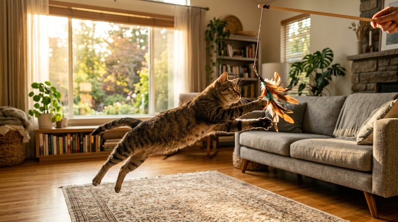 Un gato atigrado saltando en el aire para atrapar un juguete de plumas atado a una caña en un salón amplio, escena dinám