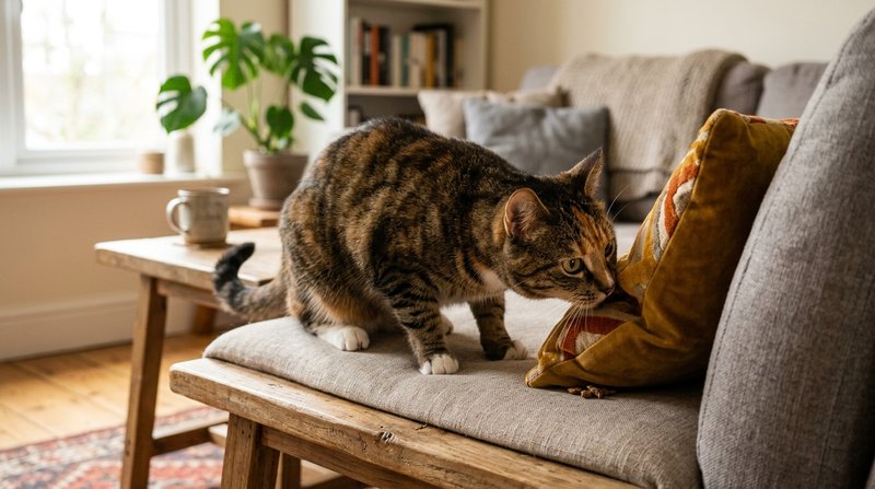Un gato curioso olfateando y buscando premios escondidos detrás de un cojín sobre un mueble bajo de un salón hogareño, l