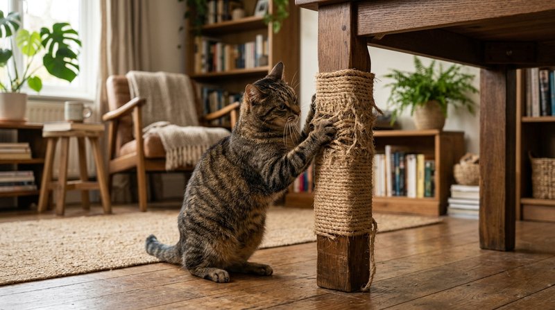 Un gato atigrado rascando con las patas la pata de una mesa de madera forrada con cuerda de sisal en un salón hogareño,