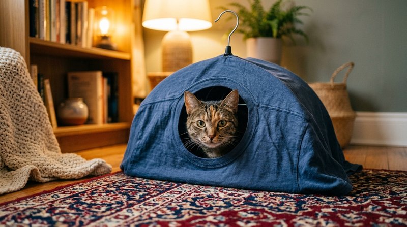 Un gato asomando la cabeza desde una pequeña cueva casera hecha con una camiseta sobre una estructura de perchas, coloca