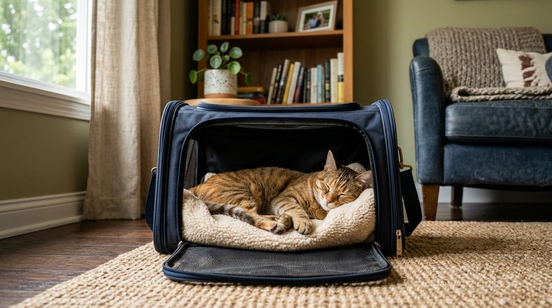 Un gato descansando plácidamente dentro de un transportín abierto con una manta cómoda, situado en un rincón tranquilo d
