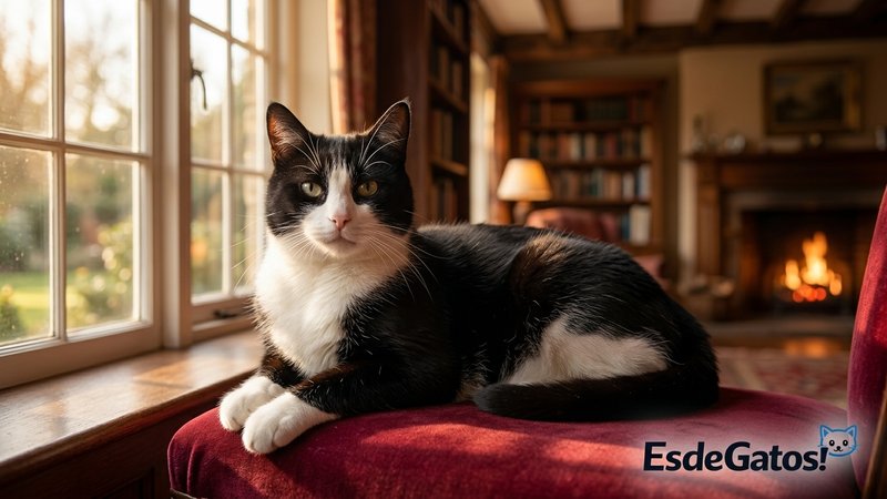 Un gato blanco y negro tipo tuxedo posando con aire distinguido junto a una ventana luminosa de una casa acogedora, con