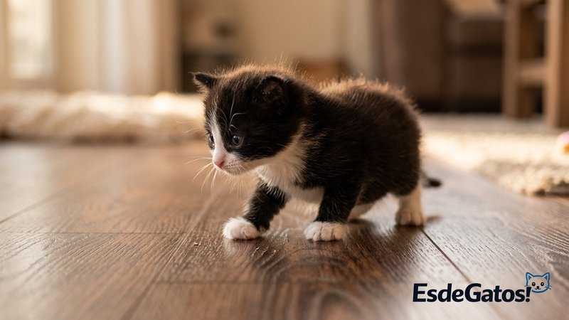 Un pequeño gatito blanco y negro tipo tuxedo recién explorando el suelo de madera de un hogar cálido, con su pelaje bico