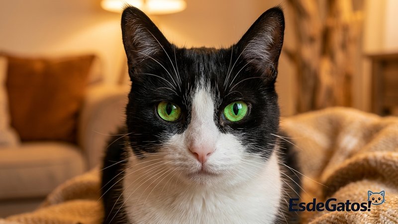 Un retrato cercano de un gato blanco y negro tipo tuxedo con la mirada fija y unos ojos verdes brillantes que resaltan s