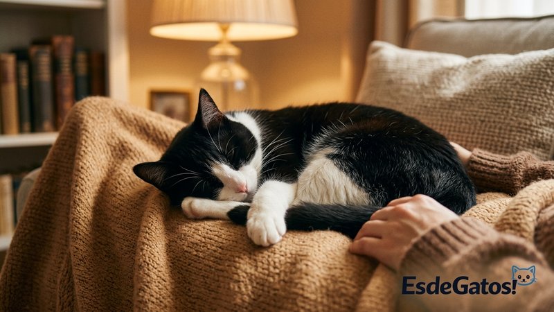Un gato blanco y negro tipo tuxedo acurrucado plácidamente sobre el regazo de su tutor en un salón cálido y acogedor, tr