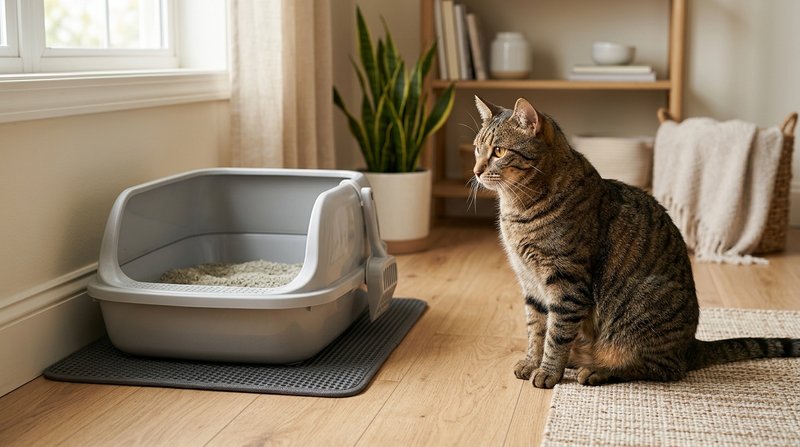 Un arenero limpio para gato colocado en un rincón tranquilo y luminoso de un hogar, con un gato atigrado cerca observánd