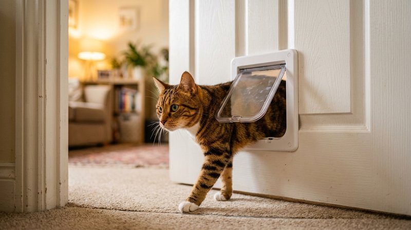 Un gato pasando por una pequeña gatera instalada en la puerta de una habitación, escena que transmite acceso libre y pri