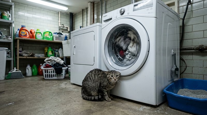 Un gato asustado con las orejas echadas hacia atrás junto a una lavadora en pleno centrifugado, con un arenero al lado,