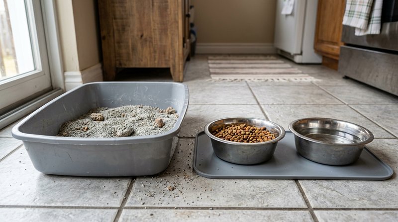 Unos cuencos de comida y agua para gato colocados demasiado cerca de un arenero sobre el suelo de una cocina, composició