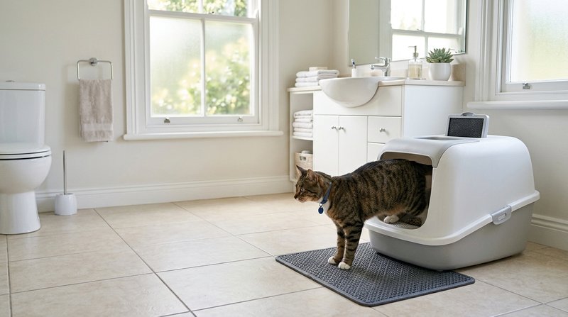 Un arenero para gato colocado en un baño limpio, luminoso y bien ventilado, con un gato entrando con tranquilidad, azule