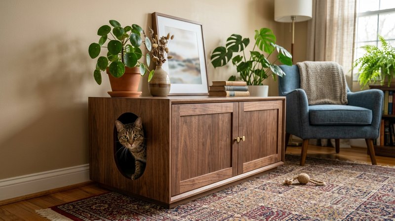 Un arenero para gato disimulado dentro de un elegante mueble bajo de madera en un salón acogedor, con un gato asomando p