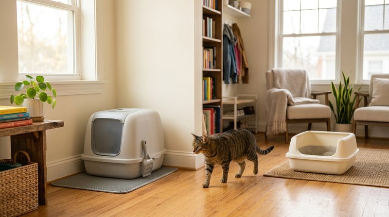 Dos areneros para gato colocados en distintas zonas de una casa luminosa, ilustrando la idea de tener más de una caja, c