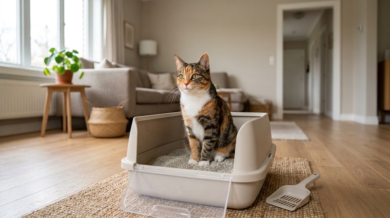 Un gato dentro de un arenero abierto con la entrada despejada, mirando atento hacia la habitación con una clara salida p