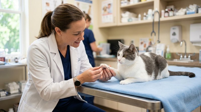 Una veterinaria con bata revisando con delicadeza la pata delantera de un gato blanco y gris tranquilo sobre una mesa de