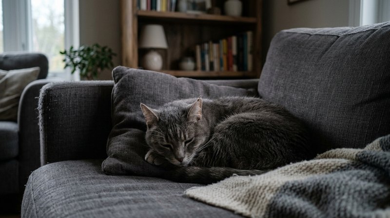 Un gato adulto de pelo gris tumbado y encogido en un rincón del sofá, con las patas recogidas bajo el cuerpo y la mirada