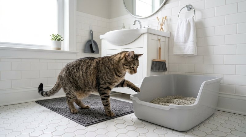 Un gato atigrado de pie junto a una bandeja de arena limpia en un baño luminoso, dudando antes de entrar, ambiente hogar