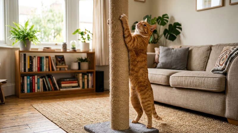 Un gato naranja estirado a lo largo de un poste rascador de sisal, con las patas delanteras arriba y el cuerpo completam