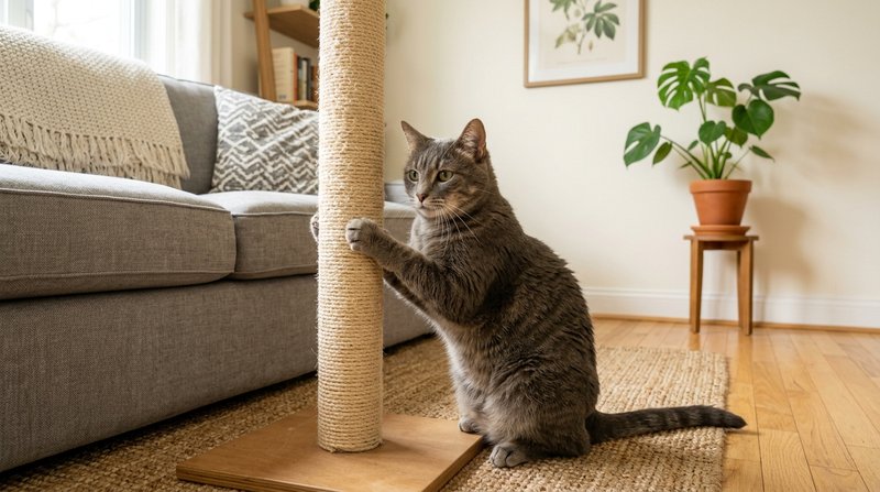 Un rascador vertical de sisal colocado junto a la esquina de un sofá, con un gato gris apoyando en él las patas delanter