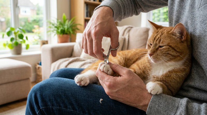 Unas manos sujetando con suavidad la patita delantera de un gato relajado en el regazo mientras le recortan la punta de