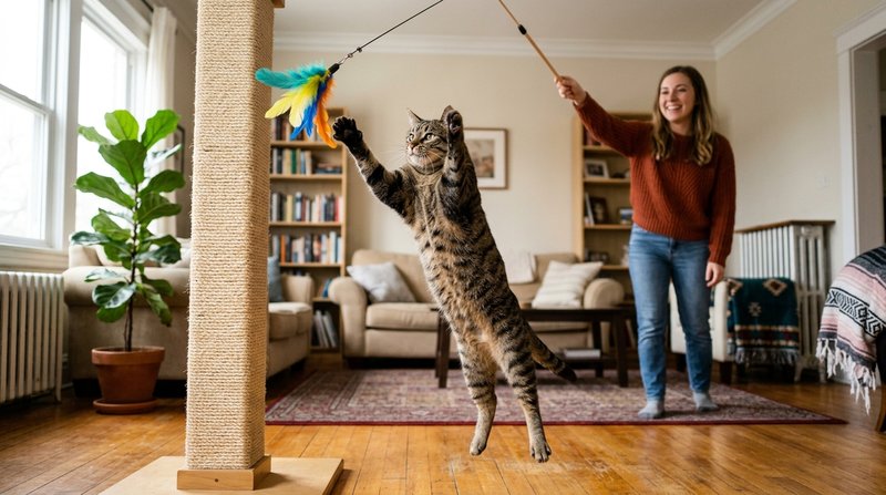 Un gato atigrado saltando hacia un juguete de plumas colgado en lo alto de un rascador de sisal, con una persona sujetan
