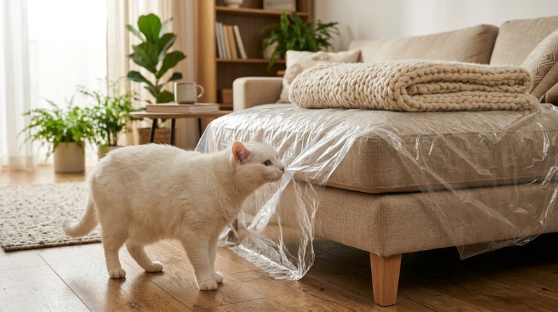 La esquina de un sofá beige protegida con una lámina transparente y una manta gruesa doblada, con un gato blanco olfatea