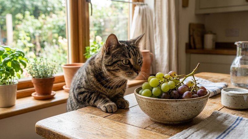 Un gato atigrado curioso observando de cerca un racimo de uvas frescas sobre la mesa de una cocina cálida y luminosa, lu
