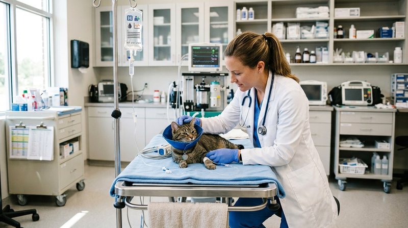 Un veterinario con bata atendiendo con delicadeza a un gato conectado a un suero sobre una camilla en una clínica lumino