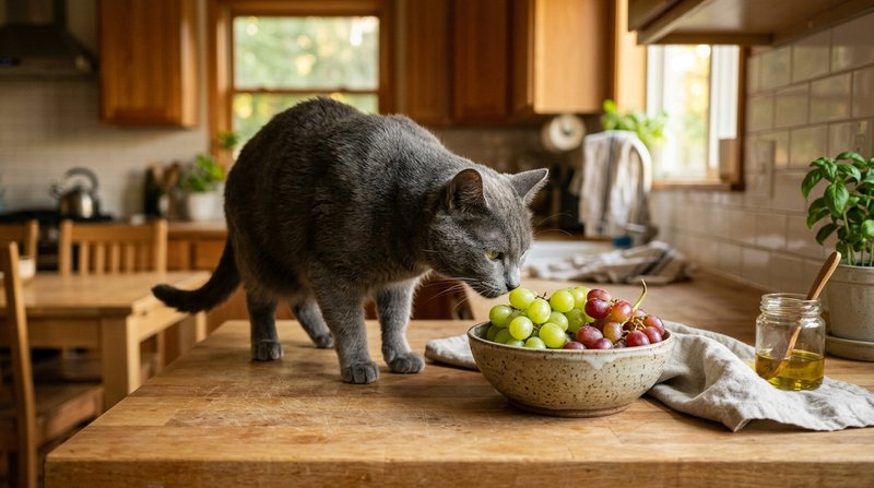 Un gato gris olfateando con cautela un cuenco de uvas verdes y rojas sobre la encimera de una cocina ordenada, luz dorad