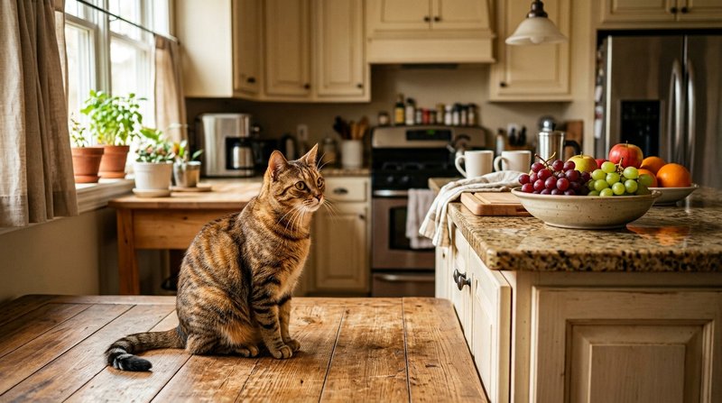 Un gato atigrado sentado a distancia prudente sobre el suelo de una cocina mirando con cautela hacia un frutero con uvas