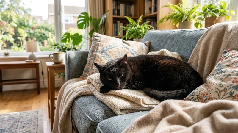 Un gato negro de aspecto decaído y apático recostado sobre un sofá en un salón cálido y luminoso, luz suave de tarde, ma