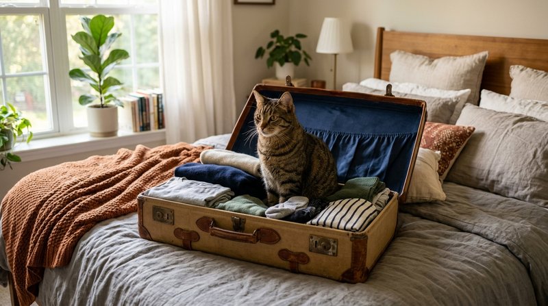 Un gato atigrado sentado dentro de una maleta abierta sobre la cama de un dormitorio, con ropa doblada alrededor, luz na