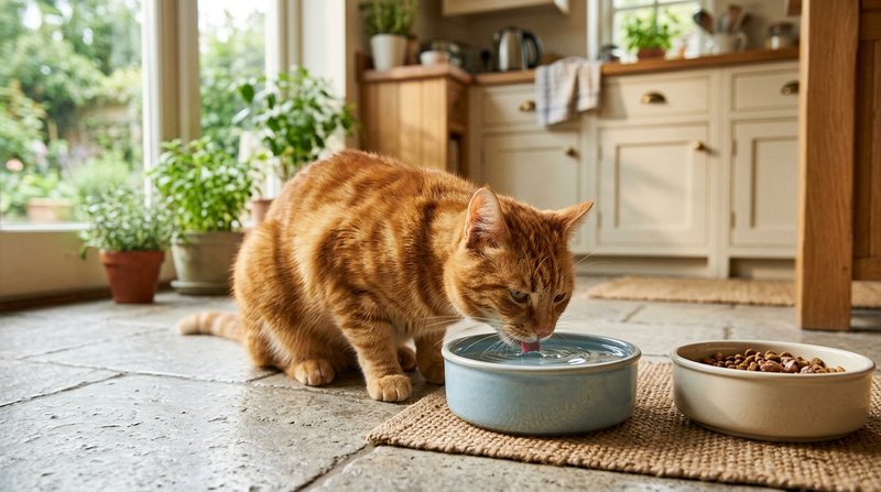 Un gato naranja bebiendo de un cuenco de agua limpia recién servida junto a un plato de comida en el suelo de una cocina
