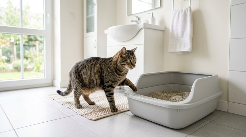Dos areneros limpios colocados en distintos rincones de un baño luminoso y ordenado, con un gato atigrado saliendo tranq