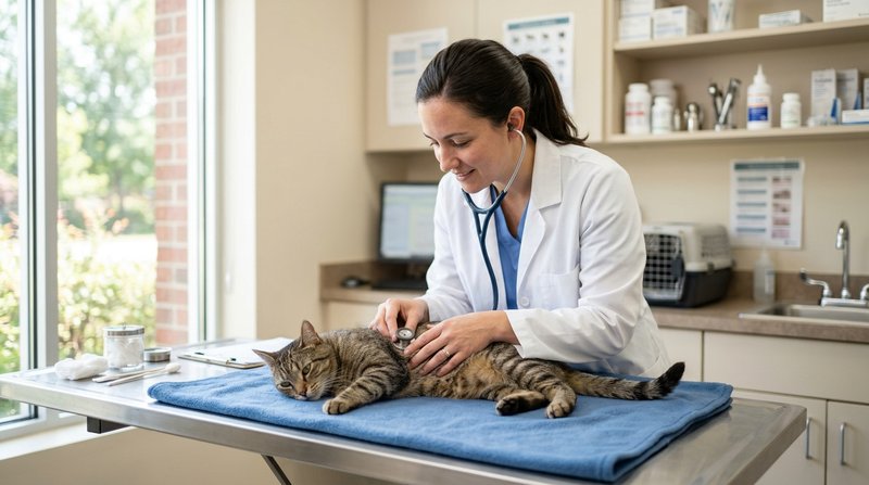 Una veterinaria con bata auscultando con calma a un gato tranquilo sobre una mesa de exploración, consulta luminosa y li