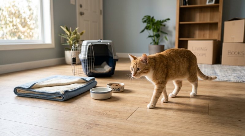 Un gato explorando con cautela una habitación luminosa que no conoce, con su manta doblada y su cuenco en el suelo y un