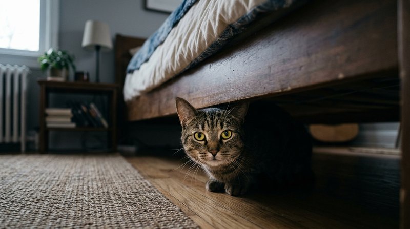 Un gato asomando la cabeza desde debajo del borde de una cama en un dormitorio en penumbra suave, con los ojos brillante